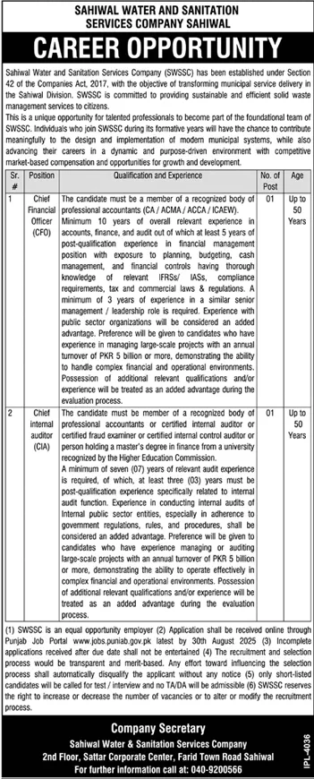 Jobs in Sahiwal Water & Sanitation Service Company